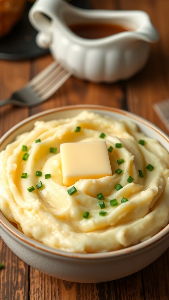 Creamy mashed potatoes topped with butter and chives in a rustic bowl on a wooden table.